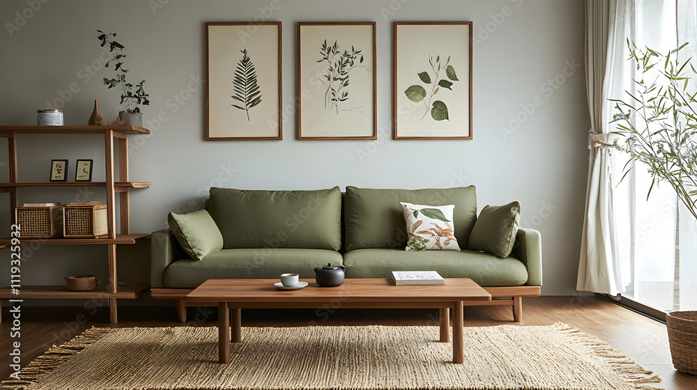 Fototapeta premium modern Japanese living room featuring olive green sofa, wooden coffee table, and botanical wall art. space exudes tranquility and style