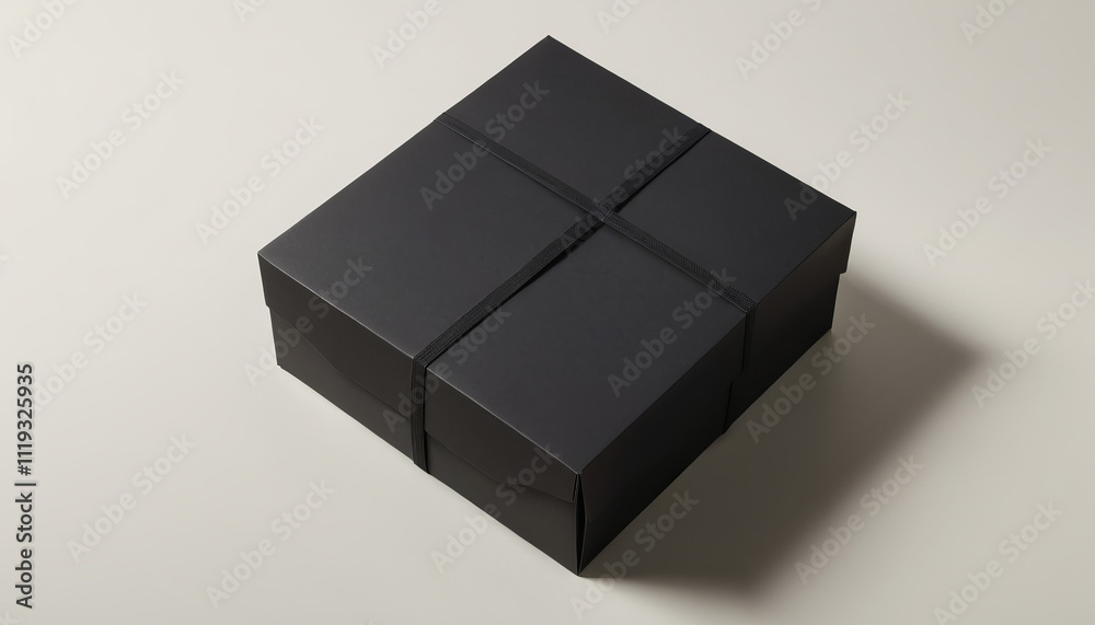 Foldable box mockup with black design and ribbon detail on a light background for premium packaging concept Foldable box mockup with black design and ribbon detail on a light background for premium packaging concept