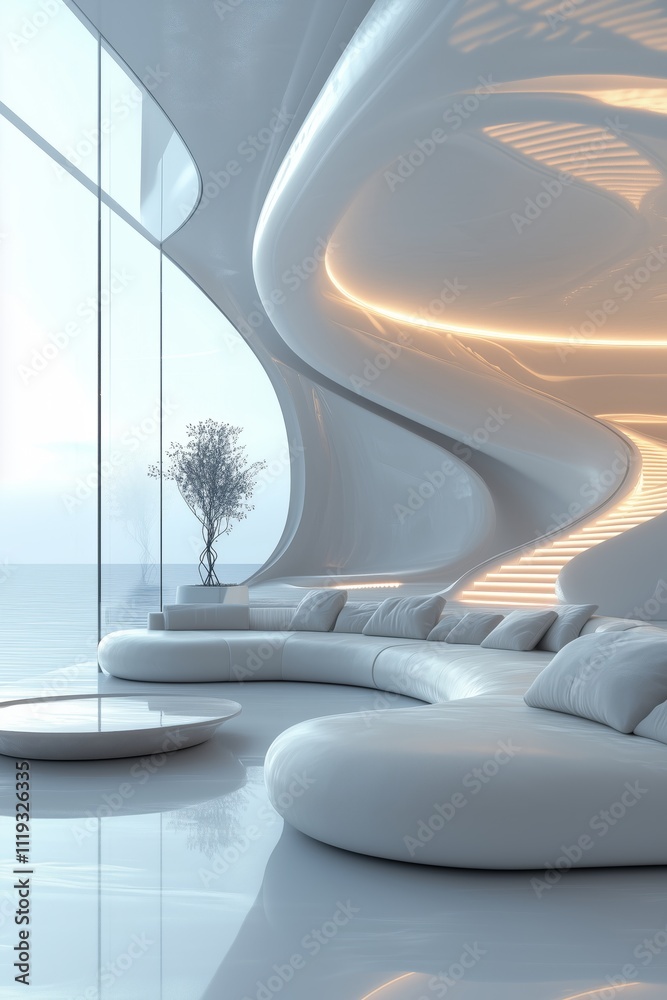 Fototapeta premium Modern interiors with ergonomic curved furniture and reflective surfaces, paired with eco-conscious materials, create futuristic spaces blending sustainability, minimalism, and serene living.