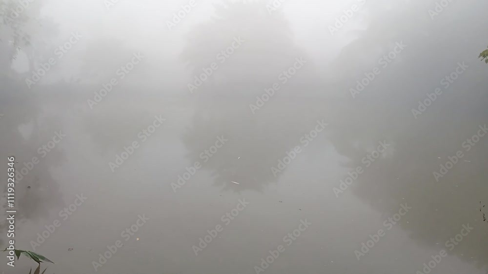 a foggy pond with tree, village foggy morning nature, winter morning fog in rural area a foggy pond with tree, village foggy morning nature, winter morning fog in rural area