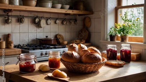 A small kitchen table with freshly baked brad and preserves