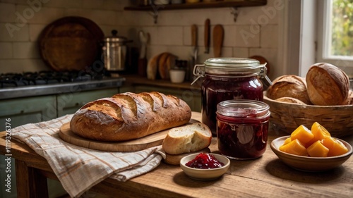 A small kitchen table with freshly baked brad and preserves