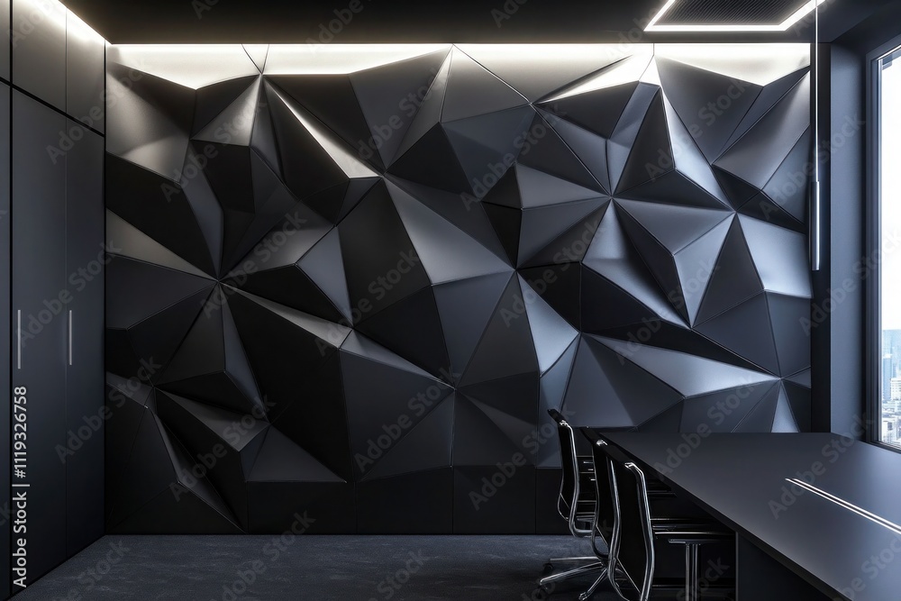 A sleek and modern office with dark charcoal walls, adorned with geometric 3D wall panels. The decor includes metallic accents, with minimalist LED strip A sleek and modern office with dark charcoal walls, adorned with geometric 3D wall panels. The decor includes metallic accents, with minimalist LED strip