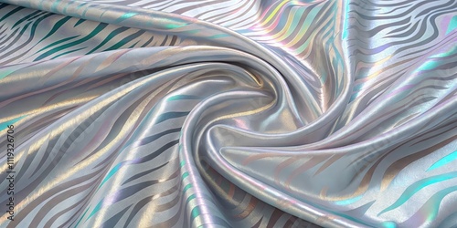 Luxurious iridescent fabric with a flowing, wavy pattern showing off its shimmering, pearly sheen and subtle, elegant stripes.
