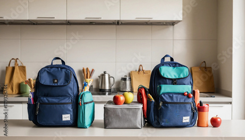 Open backpacks on a kitchen counter, with lunchboxes being packed and notebooks neatly stacked.