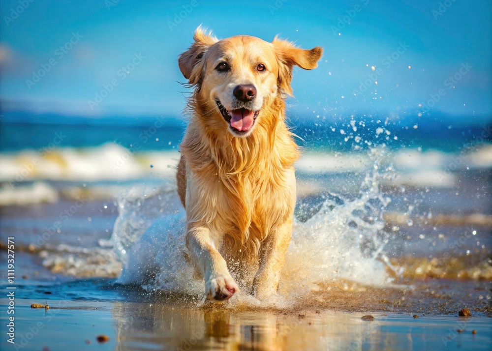 Golden Retriever Beach Fun: Summer Puppy Playing in Ocean Waves Golden Retriever Beach Fun: Summer Puppy Playing in Ocean Waves