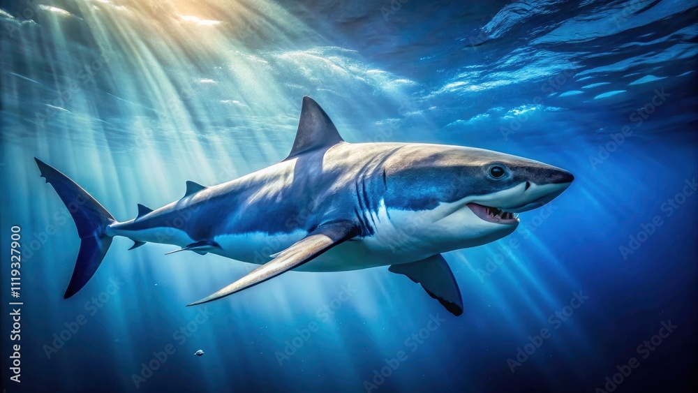 Obraz premium Great White Shark in Ocean Depths - Stunning Drone Photography of Marine Life, Underwater Predator, Ocean Exploration, Wildlife Adventure, Shark Behavior, Nature's Majesty