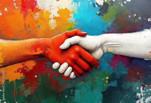 Abstract close-up colorful handshake business on watercolor illustration painting background, business teamwork concept.
