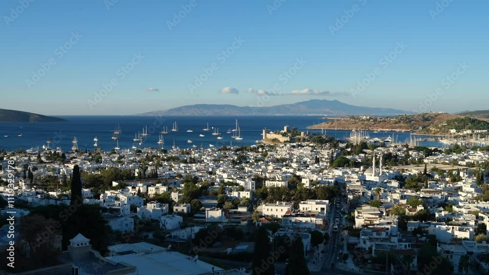 Panoramic view of the city of Bodrum. Overhead view of St. Peter's Castle and the marina. Bodrum is a large and famous resort town on the Aegean coast of Turkey. Mugla province, Türkiye - 4k video Panoramic view of the city of Bodrum. Overhead view of St. Peter's Castle and the marina. Bodrum is a large and famous resort town on the Aegean coast of Turkey. Mugla province, Türkiye - 4k video