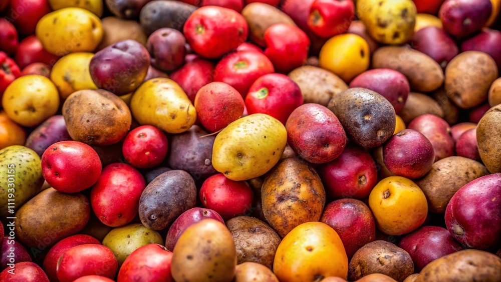 Russet, Red, and Yellow Potatoes: A Bountiful Harvest Close-Up Russet, Red, and Yellow Potatoes: A Bountiful Harvest Close-Up