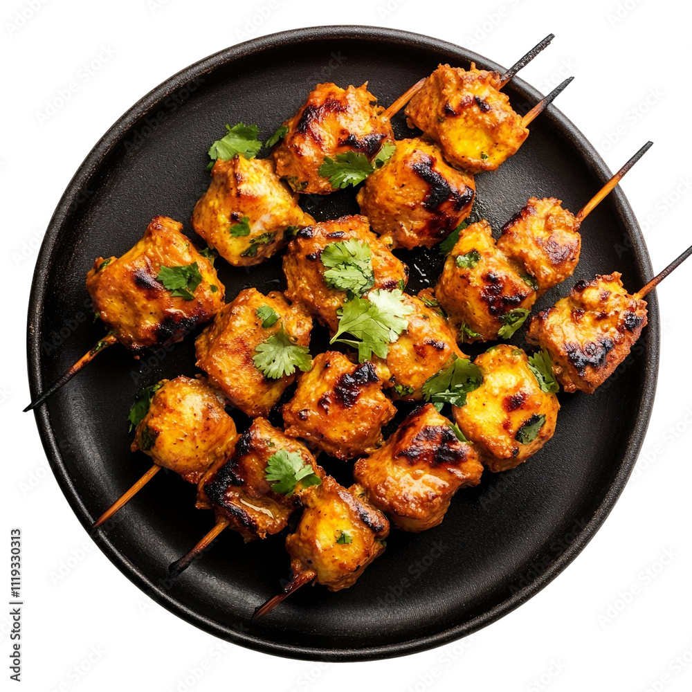 Top view of a delicious looking malai tikka on a dark plate isolated on a white transparent background