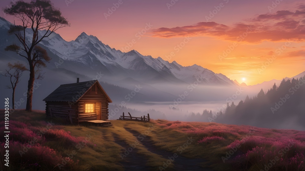 Serene Mountain Sunset with Cozy Cabin Serene Mountain Sunset with Cozy Cabin