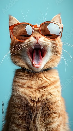 A cat wearing glasses with its mouth open showing its fangs and rough tongue gives off a funny and cute vibe, perfect for use in funny memes or social media posts promoting relaxation.