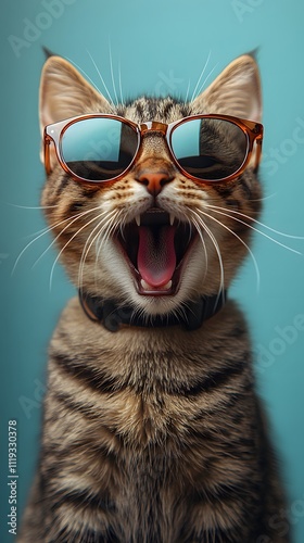 A cat wearing glasses with its mouth open showing its fangs and rough tongue gives off a funny and cute vibe, perfect for use in funny memes or social media posts promoting relaxation.