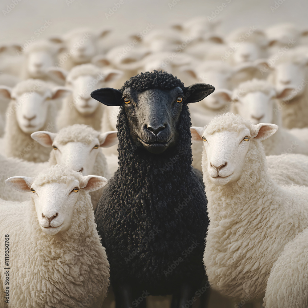 Fototapeta premium The Black Sheep In The Herd Of White Sheep, Concept for being special and extra outstanding