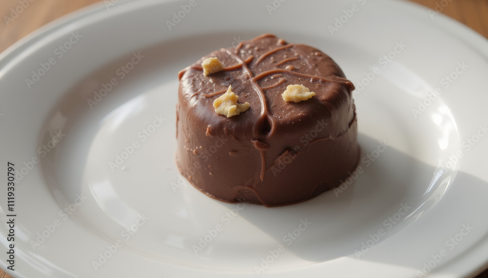Artisan chocolate dessert shaped like a leaf on a white plate, warm lighting
