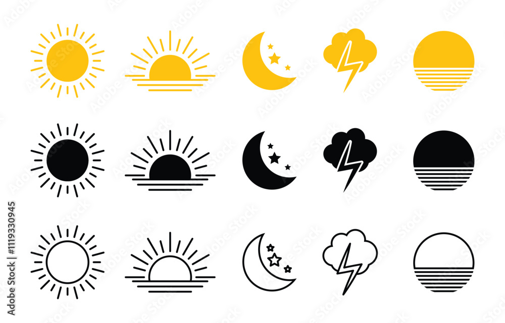 Weather flat icons set. Parts of the Day Morning, Afternoon, Noon, Evening ,Night Icons. Sunset and Night Icons, Simple glyph silhouette signs for web.