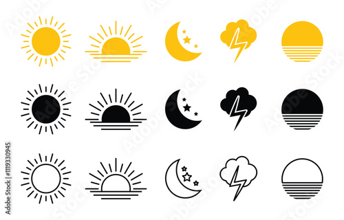 Weather flat icons set. Parts of the Day Morning, Afternoon, Noon, Evening ,Night Icons. Sunset and Night Icons, Simple glyph silhouette signs for web.