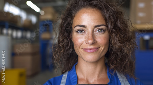 Confident Woman Smiles in Industrial Warehouse Setting With Shelves of Equipment and Packaging in the Background During Daytime photo