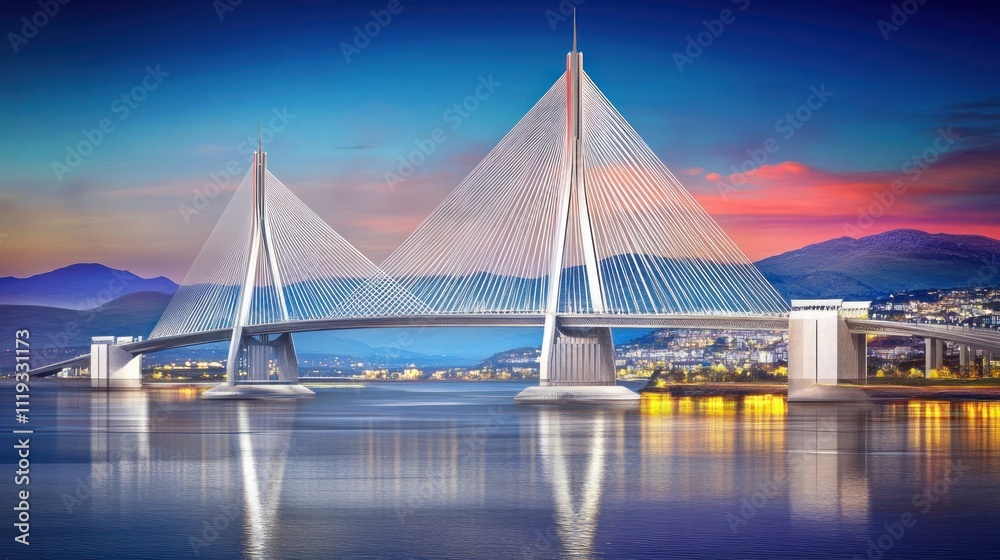 Obraz premium A modern cable-stayed bridge illuminated at dusk, reflecting in the calm water below.