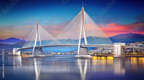 A modern cable-stayed bridge illuminated at dusk, reflecting in the calm water below.