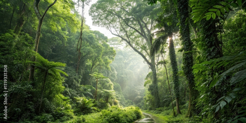 Lush Jungle Path Bathed in Morning Sunlight, a Serene and Mystical Green Oasis Lush Jungle Path Bathed in Morning Sunlight, a Serene and Mystical Green Oasis