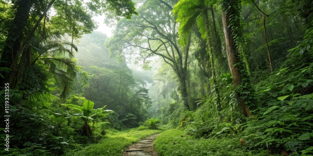 Fototapeta premium Misty Jungle Path A Serene Stone Walkway Through Lush, Verdant Foliage