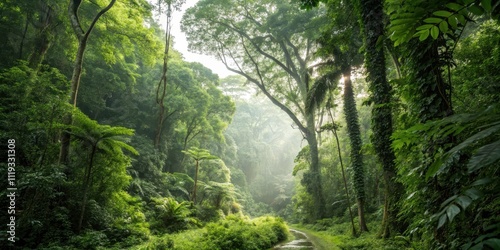 Lush Jungle Path Bathed in Morning Sunlight, a Serene and Mystical Green Oasis