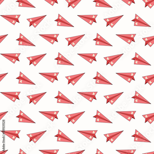 Seamless pattern of hand drawn paper planes with hearts on isolated background. Design for Valentine’s Day, wedding and mother’s day celebration, greeting card, home decor, wrapping, scrapbooking.