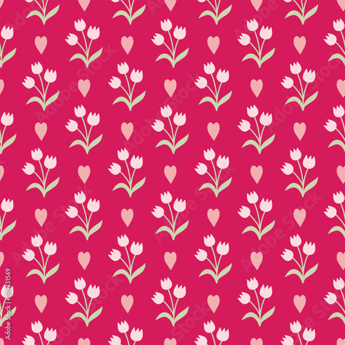 Seamless pattern of doodle hearts and flowers, on isolated background. Romantic love design for celebration Valentine’s Day, wedding, mother’s day. For greeting cards, scrapbooking or home decor.