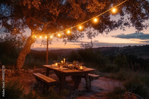 A serene outdoor dining experience at dusk, with a rustic table set under string lights and surrounded by nature photo