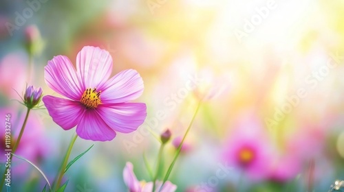 Pink cosmos flower in sunny garden.