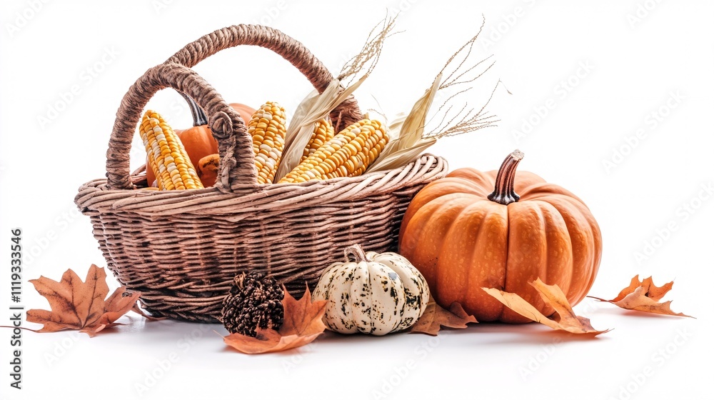 Autumn harvest scene with pumpkins, corn, and fall leaves in a wicker basket on white background. Generative ai Autumn harvest scene with pumpkins, corn, and fall leaves in a wicker basket on white background. Generative ai