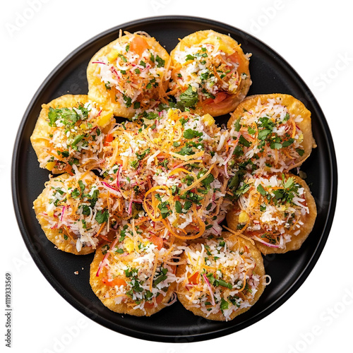 Top view of a delicious looking sev puri on a dark platter isolated on a white transparent background photo