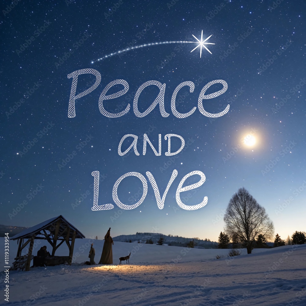 Naklejka premium The words PEACE AND LOVE written in shimmering silver script across a serene night sky