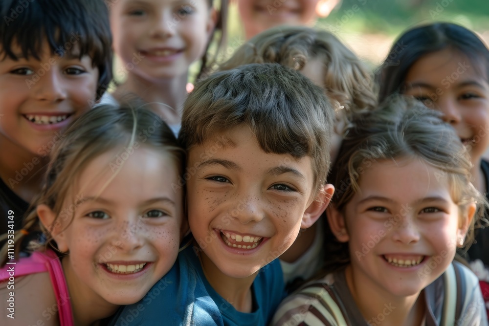 Portrait of a smiling group of children in the park. Selective focus. Portrait of a smiling group of children in the park. Selective focus.