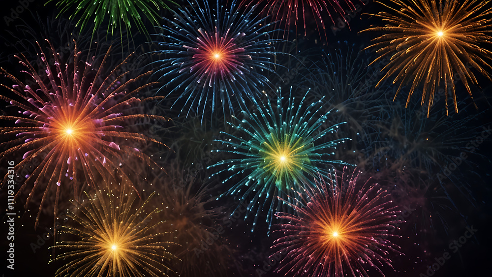 Fototapeta premium DIfferent colros and types of fireworks in the sky background 