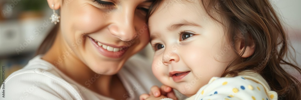 Loving family portrait of a mother with her two children, a newborn baby and a big sister, bonding together at home, children, sibling Loving family portrait of a mother with her two children, a newborn baby and a big sister, bonding together at home, children, sibling