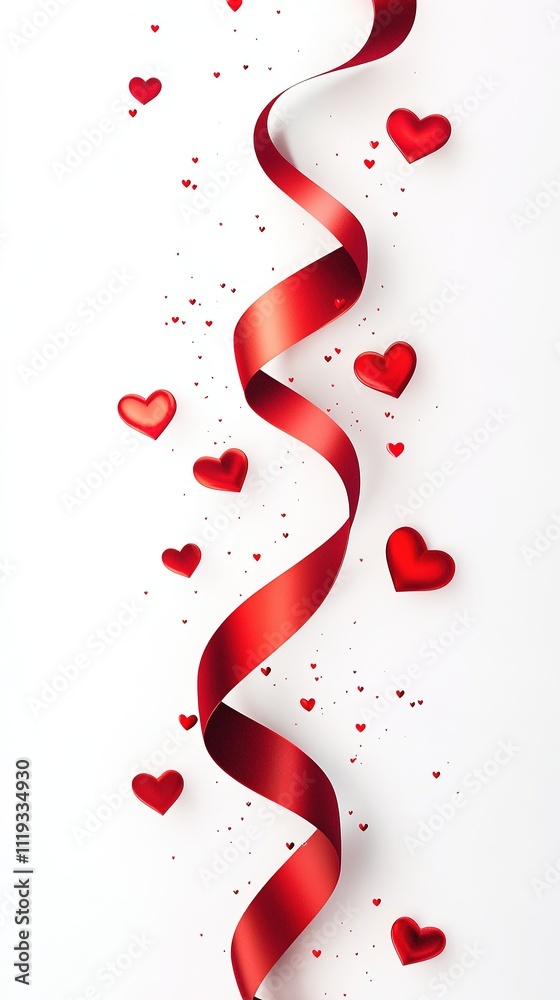 Red ribbon flowing gracefully with scattered heart decorations, clean white background with soft shadows and bright illumination. Red ribbon flowing gracefully with scattered heart decorations, clean white background with soft shadows and bright illumination.