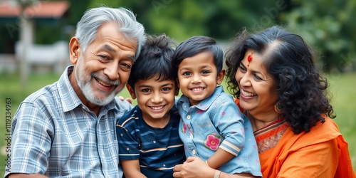 Loving Indian grandmother playing peekaboo with grandson, mixed-race boy laughing with his mother outdoors, grandmother, outdoor photo