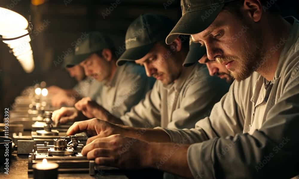 Focused Craftsmen at Work in a Dimly Lit Workshop, Engaged in Precision Craftsmanship and Manufacturing Focused Craftsmen at Work in a Dimly Lit Workshop, Engaged in Precision Craftsmanship and Manufacturing