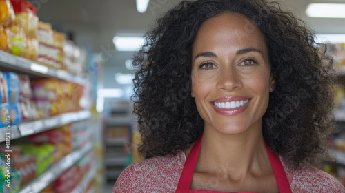 Smiling Woman With Curly Hair in Grocery Store Aisle Wearing Red Apron Showcasing Friendly Customer Service