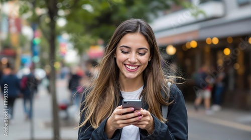 hyper-realistic, vibrant cityscape, happy young girl holding a smartphone, sunlight reflecting off buildings, dynamic and joyful atmosphere