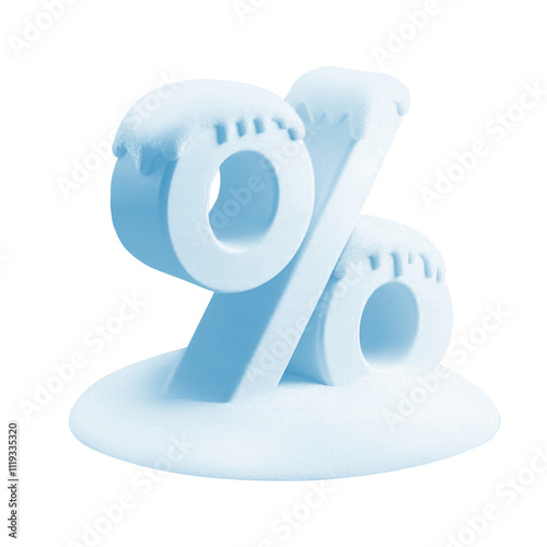 Large percent sign covered in white fluffy snow. Stock illustration for sale isolated on PNG background photo