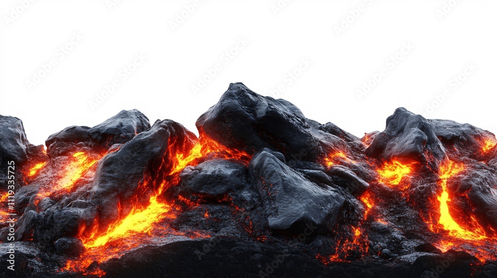 Glowing lava flows between dark volcanic rocks against a white background. Generative ai Glowing lava flows between dark volcanic rocks against a white background. Generative ai
