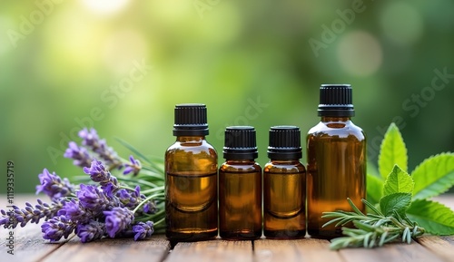 An assortment of essential oil bottles with fresh plants from which they're derived, like lavender, peppermint, and rosemary, arranged on a wooden surface. Generative AI 