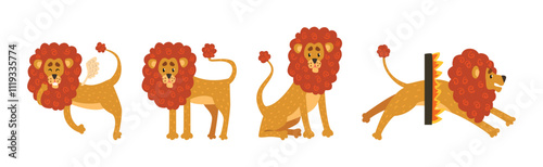 Funny Lion Animal with Majestic Mane in Different Pose Vector Set