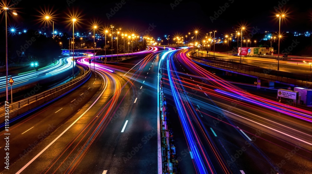 Ultra-realistic photograph of a futuristic highway at night, glowing with vibrant neon lights and streaks of colorful motion trails, surrounded by a dark urban skyline Ultra-realistic photograph of a futuristic highway at night, glowing with vibrant neon lights and streaks of colorful motion trails, surrounded by a dark urban skyline