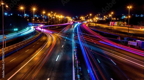 Ultra-realistic photograph of a futuristic highway at night, glowing with vibrant neon lights and streaks of colorful motion trails, surrounded by a dark urban skyline