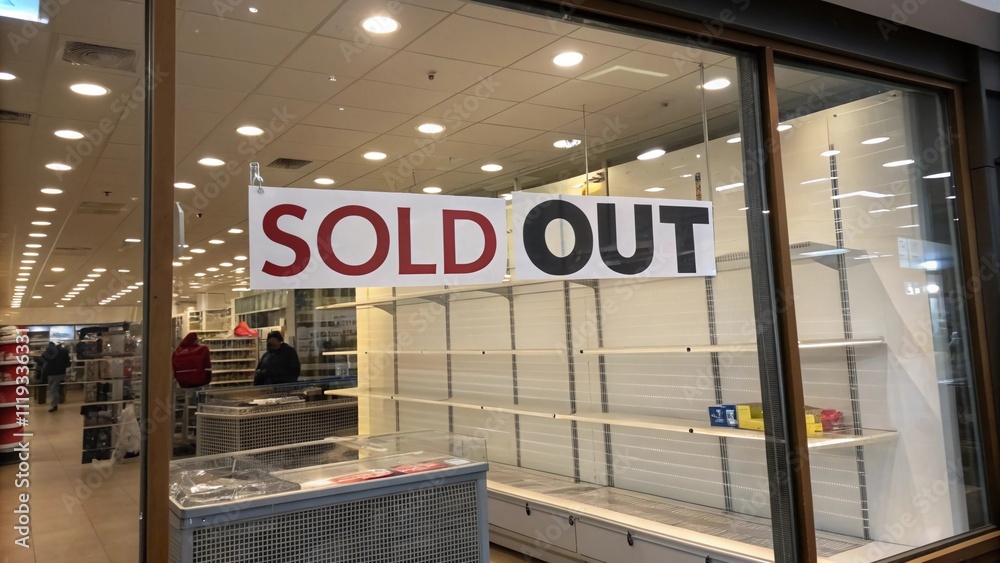 A store window with a large SOLD OUT sign posted over a product display, surrounded by empty shelves A store window with a large SOLD OUT sign posted over a product display, surrounded by empty shelves